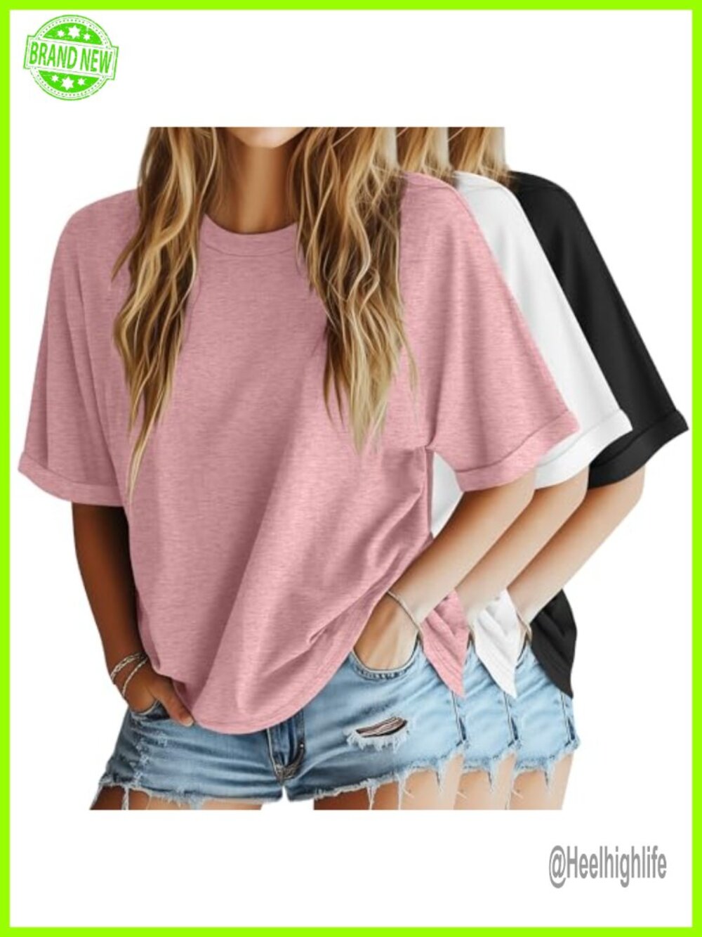 Oversized T-Shirts 3 Pack Dolman Drop Sleeve Soft Stretch Crew Neck Tee